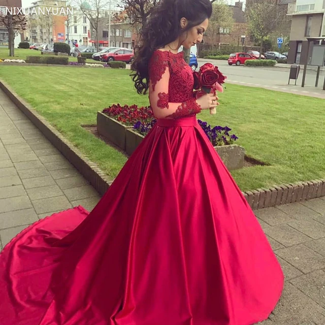 Vestido De Noiva Wine Red Wedding Dresses Lace Long Sleeve Off Shoulder Line Satin Wedding Gowns Brides Dress Robe De - Wedding Dresses AliExpress