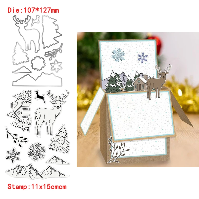 Snow Scene Mountain Snowflake House Elk Metal Cutting Dies&ampTransparent Clear Stamps For DIY Scrapbooking Album Paper Cards | Дом и сад