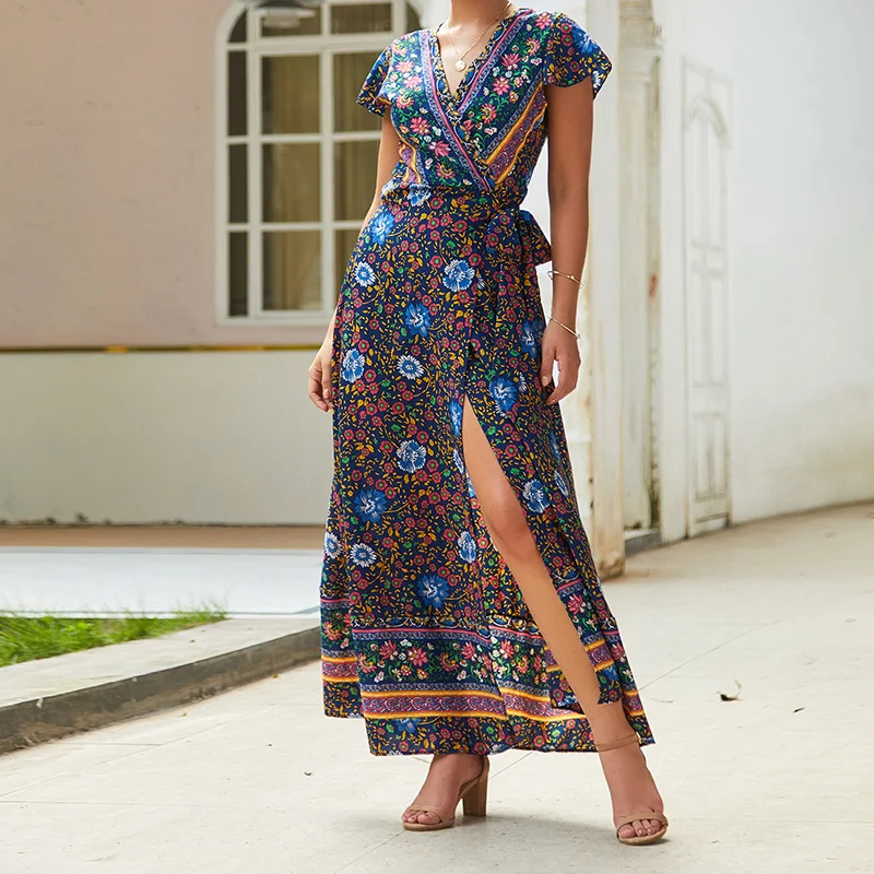 M0511 Navy Blue Летнее праздничное платье для отдыха, Пляжное Платье в стиле бохо с поясом и оборками, богемное платье миди с v-образным вырезом, Асимметричный Сарафан с короткими рукавами - Цвет: M0511 Navy Blue