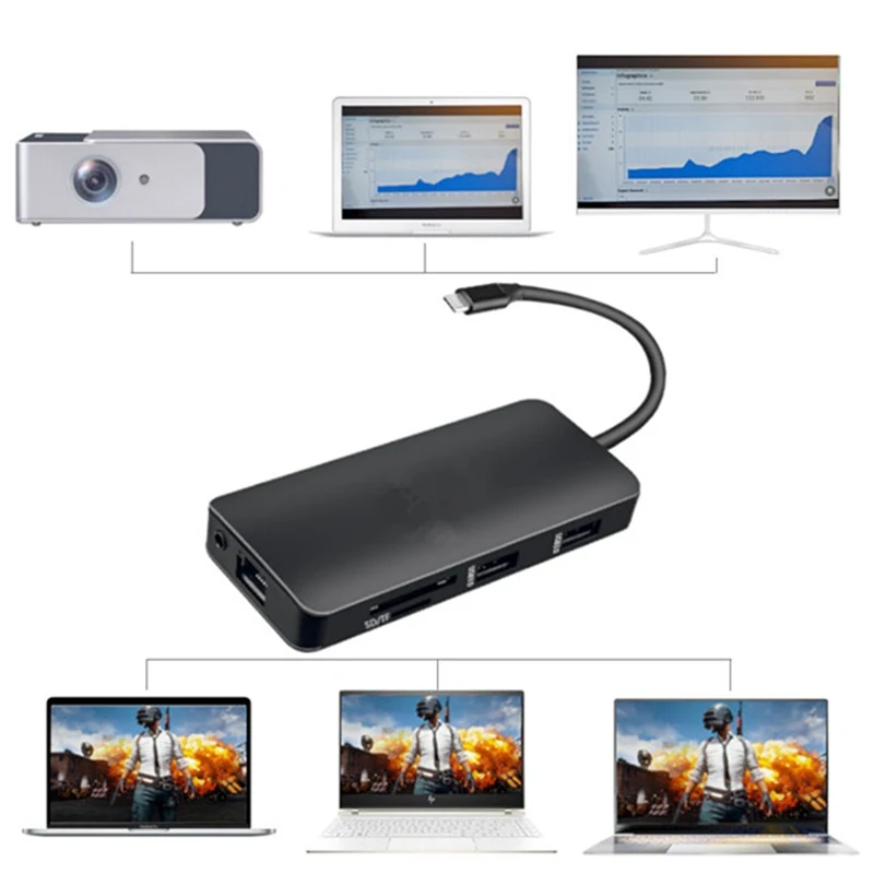 9 в 1 USB-C type C концентратор до 3,5 мм аудио микрофон 4K HDMI VGA RJ45 Lan адаптер USB 3,0 SD TF кард-ридер Тип C PD зарядный адаптер