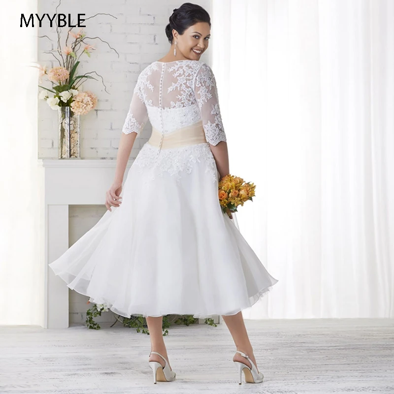 MYYBLE, шикарное Тюлевое свадебное платье, Vestido De Noiva, половина рукава, бисероплетение, аппликация, свадебное платье размера плюс