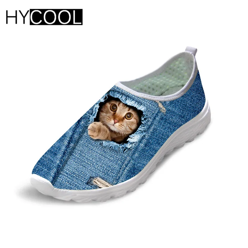 HYCOOL г. Джинсовая мужская обувь с котом, Повседневная осенне-летняя обувь из сетчатого материала Милая Синяя пляжная водонепроницаемая обувь на плоской подошве без застежки с 3D принтом собаки и волка