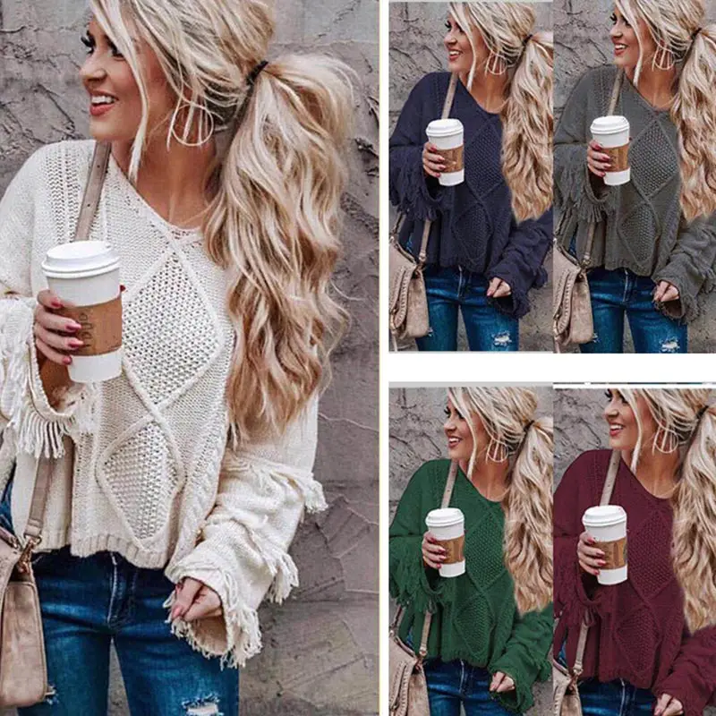 

Women's Sweater Loose Knitting O-neck Flare Sleeve Tassel Patchwork Ladies Tops 2019 Autumn Winter Casual Sweaters Pullovers