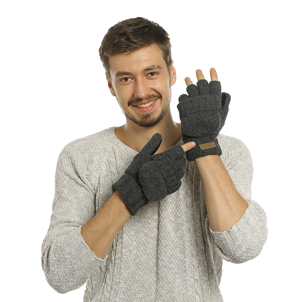 Высококачественные мужские вязаные перчатки унисекс без пальцев, зимние женские шерстяные варежки, теплые толстые перчатки на полпальца - Цвет: Темно-серый