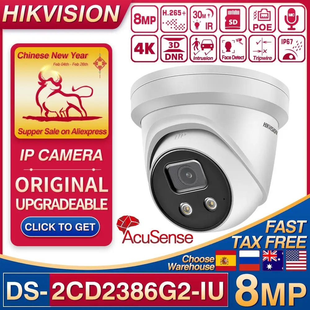 Hikvision DS-2CD2386G2-IU POE IP Camera 8MP Turret Network CCTV IPC SD Card MIC 4K H.265+ 4 Smart Event Face Detect AcuSense