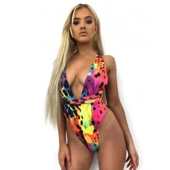 

2020 New Deep V Swimwear One Piece Swimsuit DIY Long Strap Wrap Around Female Bather Leopard Printed Bathing Suit Swim Lady 3808