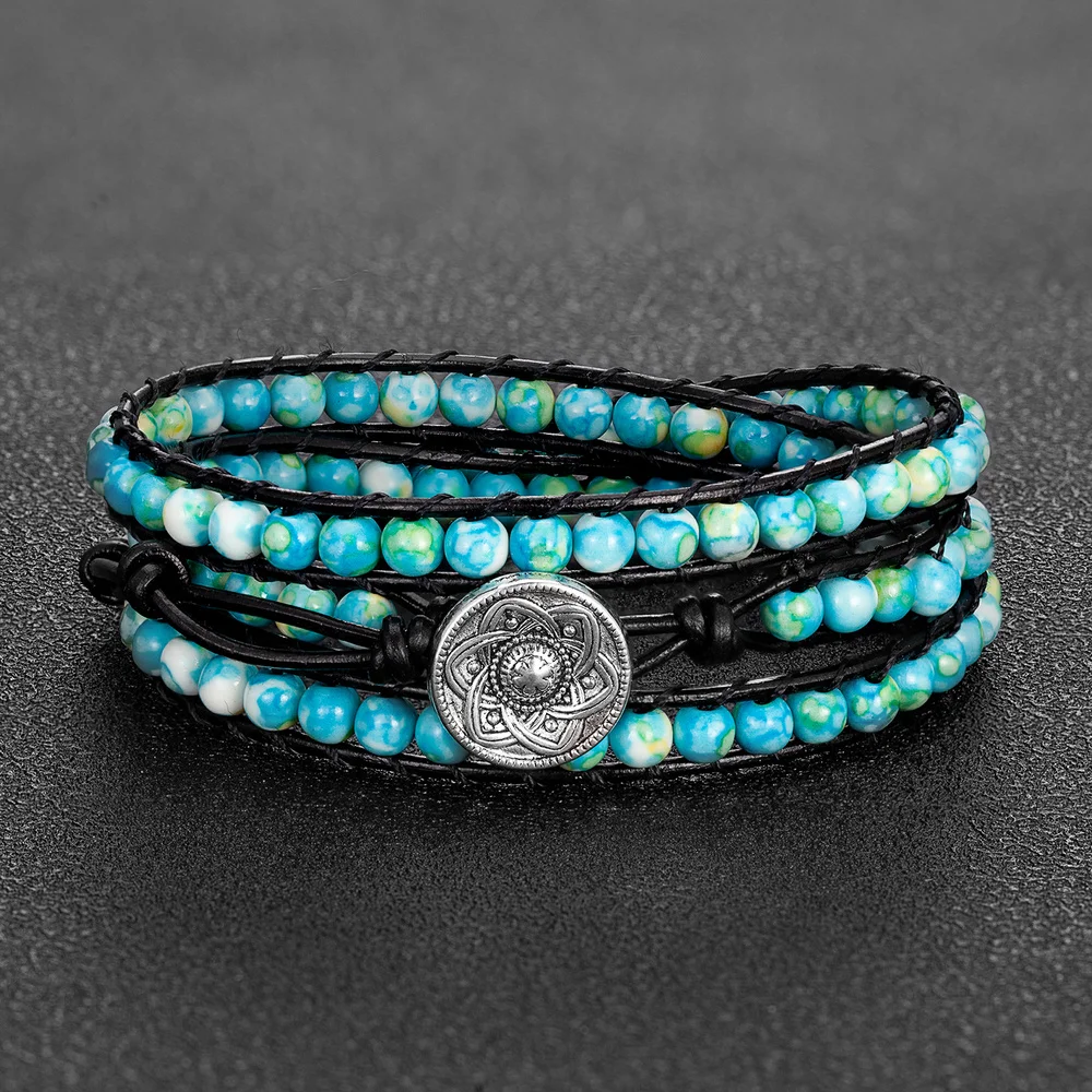 Женские браслеты 3 ряда из натурального камня бисера кожаный браслет необычные женские ювелирные Браслеты