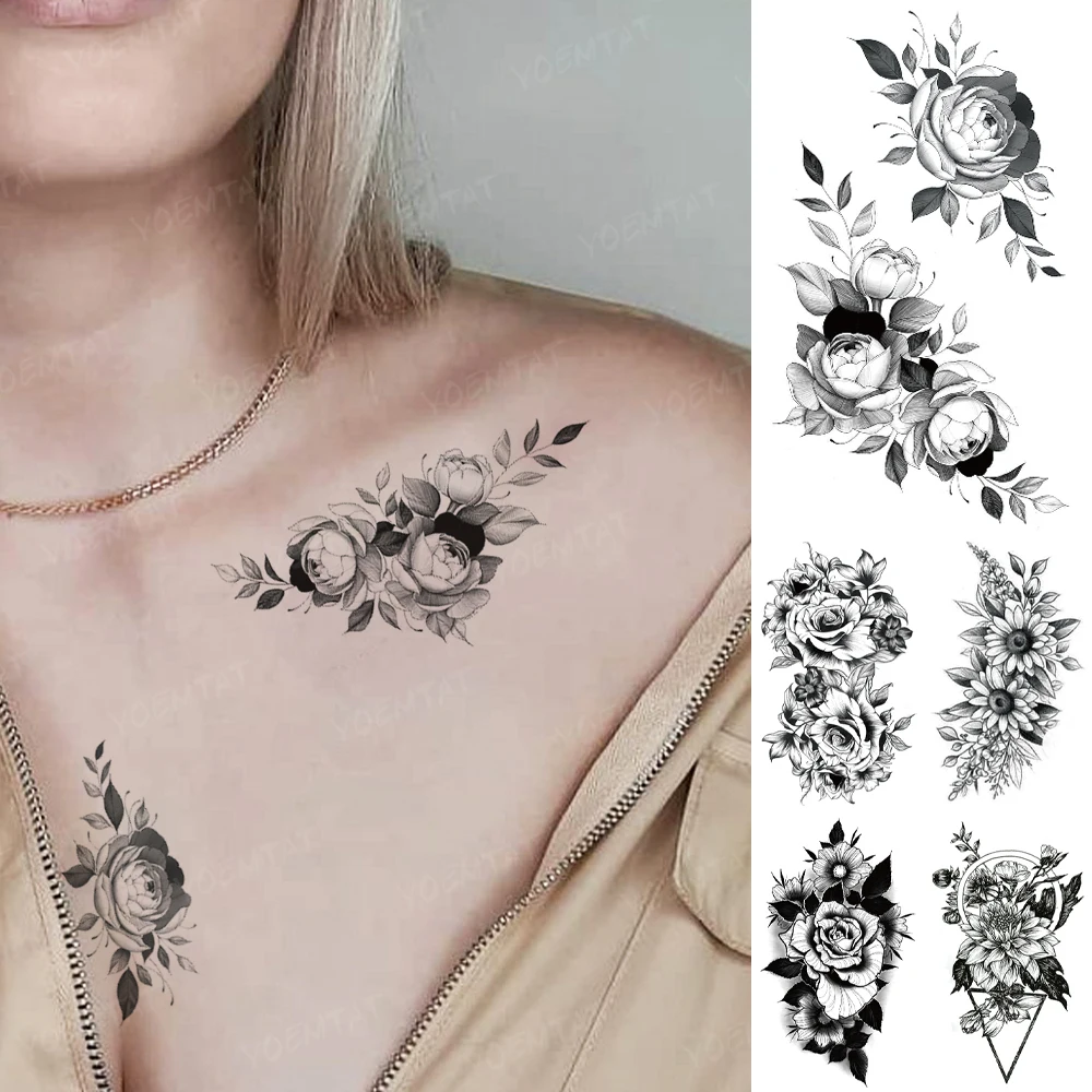 

Waterproof Temporary Tattoo Sticker Rose Peony Flower Sexy Black Henna Neck Flash Tatto Woman Man Girl Sunflower Cool Fake Tatoo