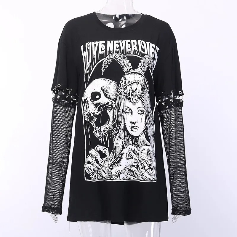 T Shirts Женские футболки UIDEAZONE с готическим принтом на Хэллоуин, Свободные повседневные сетчатые Лоскутные женские футболки с рукавом в готическом стиле, осень - Цвет: T Shirts