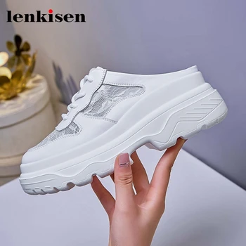 

Lenkisen British school genuine leather air mesh sun protection round toe high heels slip on white sneaker vulcanized shoes L23
