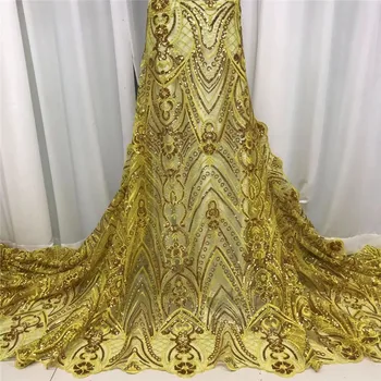 

Hot 5 Yards Holed Sequins Embroidery Double French Lace Unique African Tulle Lace Mesh Fabric Nigerian Sewing National Clothes