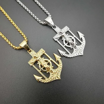 

Hip Hop Rhinestones Pave Bling Iced Out Stainless Steel Jesus Piece Anchor Pendants Necklace for Men Rapper Jewelry