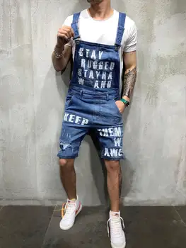 

Men's Ripped Jeans Jumpsuits Shorts Summer Hi Street Distressed Denim Bib Overalls For Man Suspender Pants