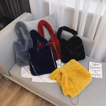 

2020 New Women Shoulder Bucket Bags Luxury Faux Fur Plush Cony Hair Tote Bags Female Top Korean Ladies Chain Crossbody Bags