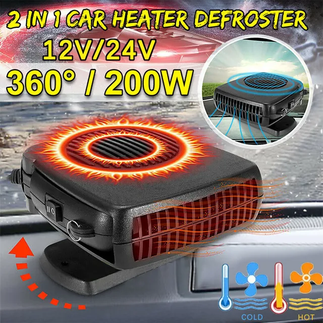 12/24V 200W Portable Auto Car Heater Defroster Demister Electric Heater Windshield 360 Degree Rotation ABS Heating Cooling Fan 1