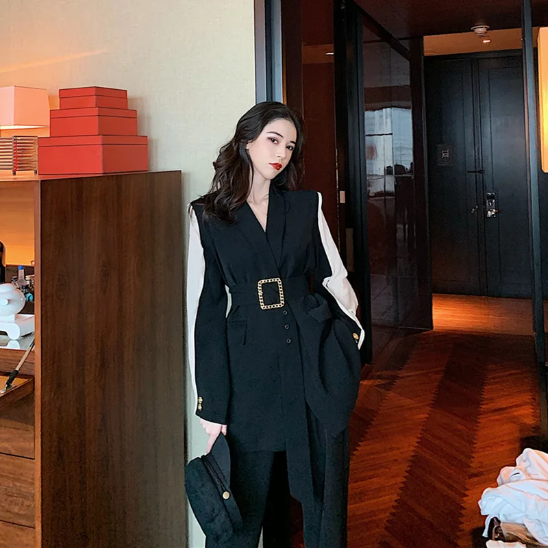 

Korean-style Elegant Mid-length Suit Women's 2019 Autumn Clothing New Style Chiffon Loose-Fit Belt Slimming Joint Long-sleeved C