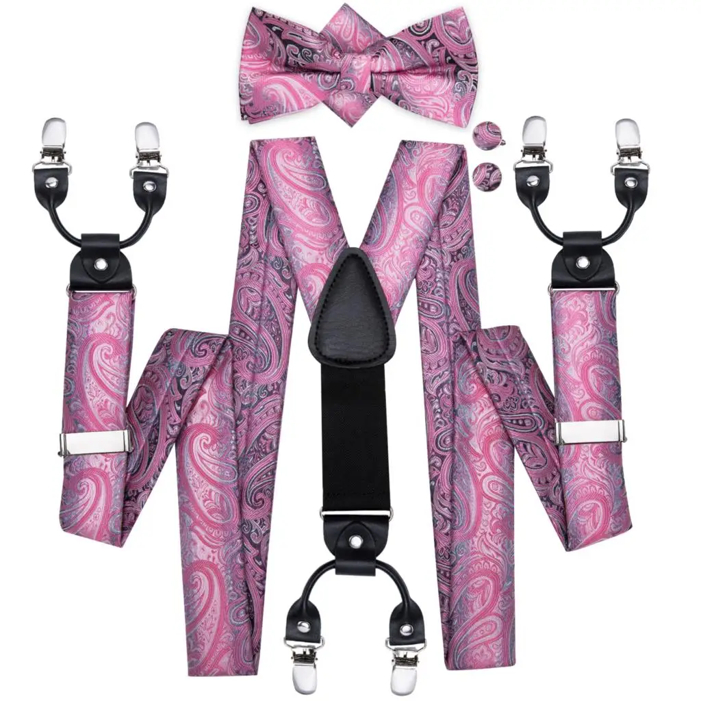Hi-Tie мужские подтяжки клетчатые модные свадебные различные 6 зажимов вечерние предварительно завязанные бабочка Карманный платок Набор регулируемые подтяжки - Цвет: BD-3005