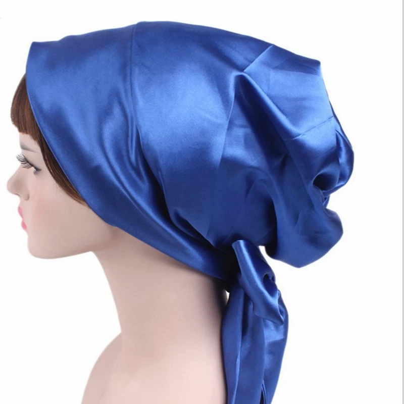 royal blue 1 шт., Женская атласная ночная шапочка для сна, шапочка для волос, шелковая Крышка для головы, широкая эластичная лента, шапочка для душа s 58 см - Цвет: royal blue