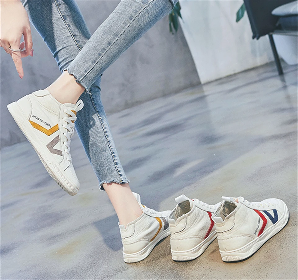 Leather high shoes women autumn new casual basic sports wind trend female models flat air color matching high state shoes
