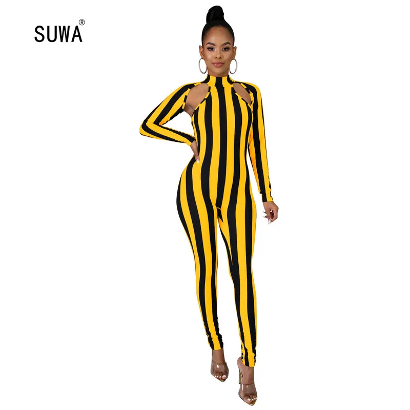 

Hollow Out Striped Sexy Rompers 2020 Women Summer Spring Skinny Playsuit And Jumpsuit Skinny Club Party Women Clothing Wholesale