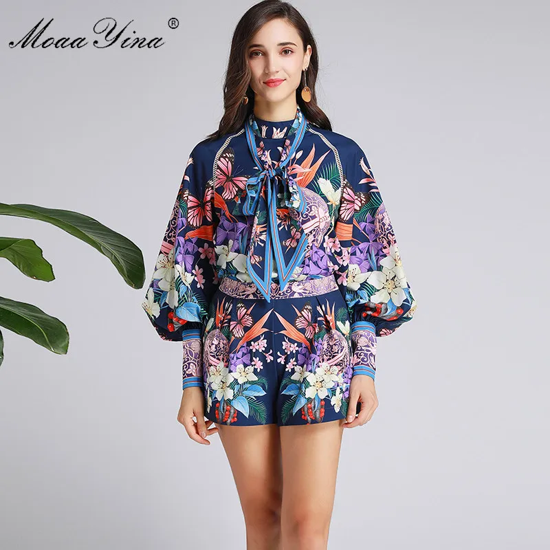 MoaaYina модный дизайнерский костюм весна осень Женская лента рукав в виде фонаря с изображениями цветов топы с принтом+ Шорты Элегантный комплект из двух предметов
