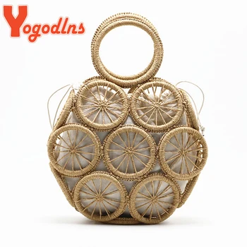 

Yogodlns Handmade Summer Beach Women Straw Shoulder Bag Ladies Round Hollow Travel Daily Woven Handbag Holiday Knit Cotton Linen