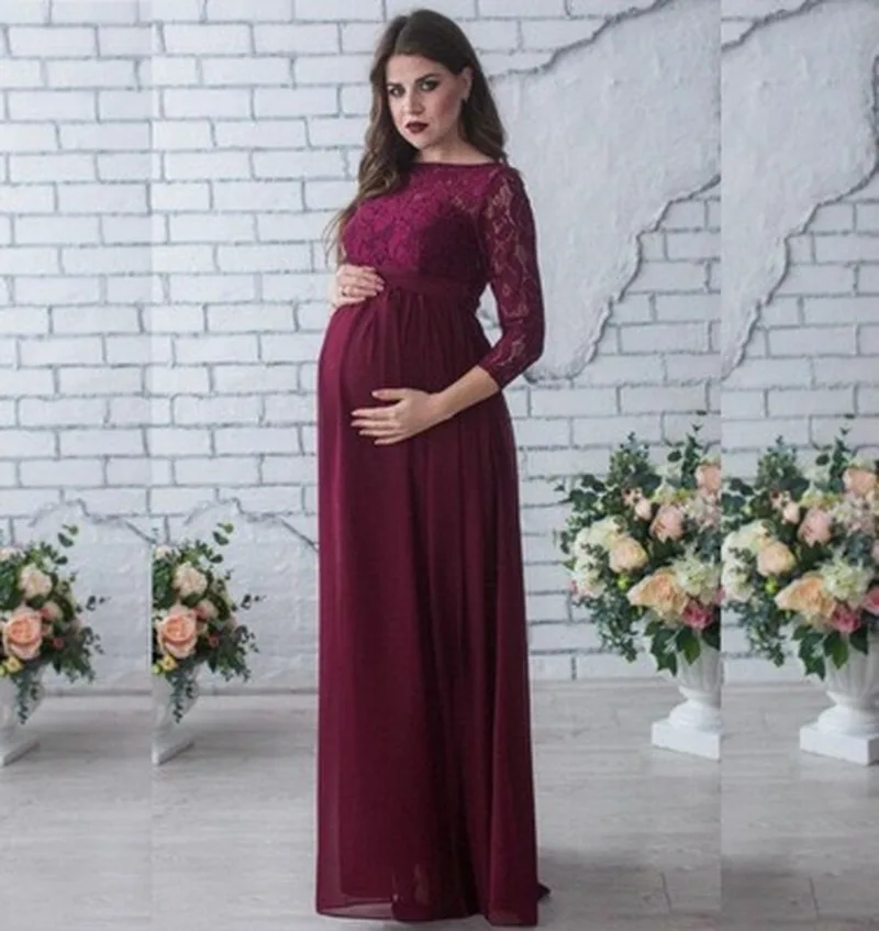 Casual maternity dress European and American sexy lace long sleeve stitching chiffon mop long pregnant women dress