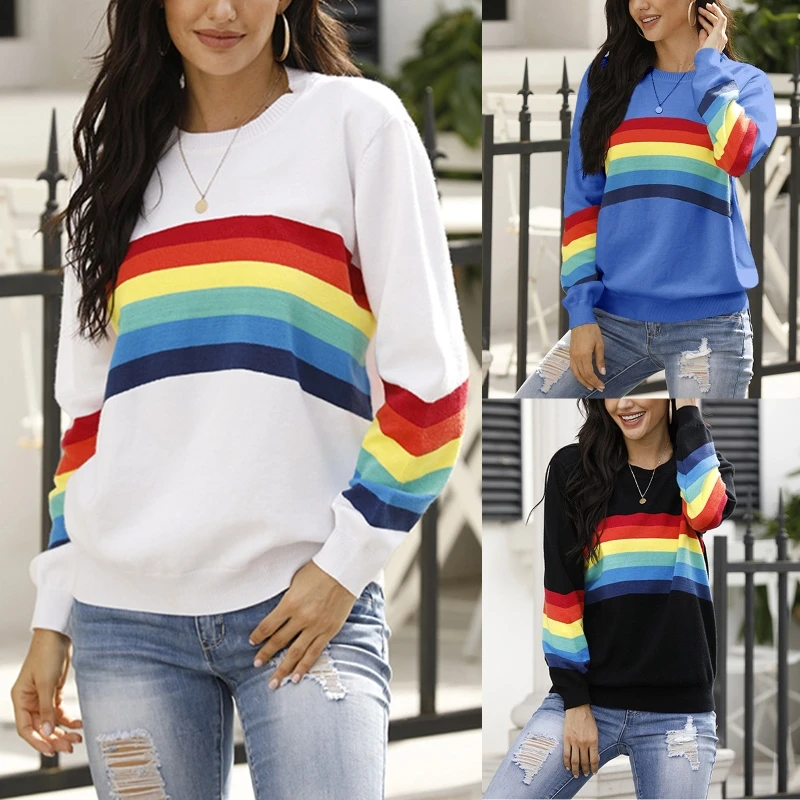 

Women Long Sleeve Crew Neck Sweater Nylon Rainbow Striped Loose Pullover Casual Pull-on Closure Knitwear Tops for Work Date