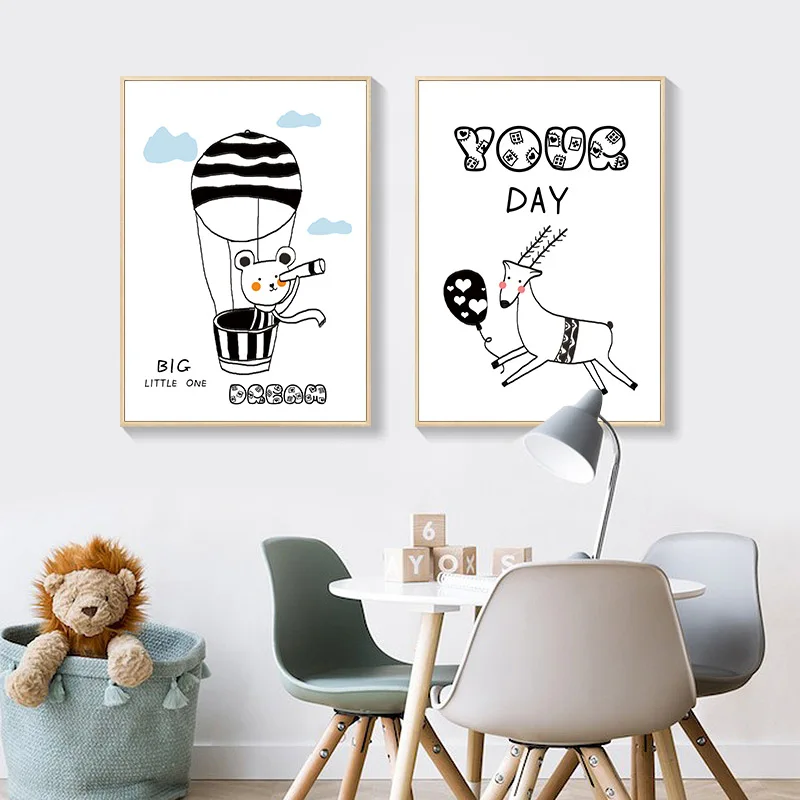 Nordic Cartoon Baby Animals Canvas Paintings Nursery Black And