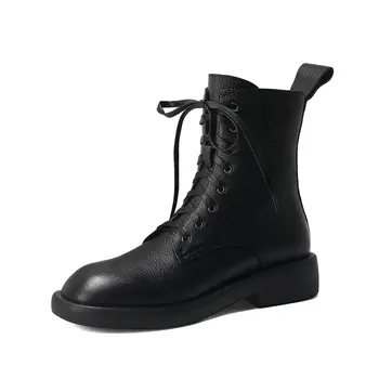 

Women Ankle Boots Lace-Up Square Heel Shoes Female Boots genuine Leather Med Heel Short Boots Female Winter Big Size 43