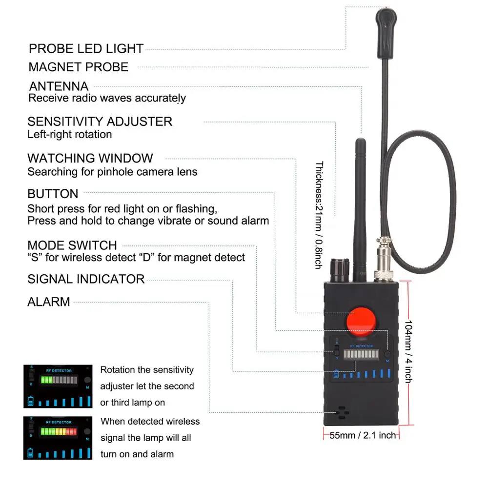 Anti Spy Hidden Camera Detector Wireless RF Signal Bug Detects Ultra-Sensitive Sweeper GSM Listening Spy Camera Device Scanner