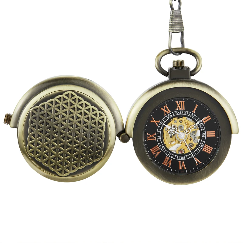 Antique Retro Hollow Cover Double Turntable Capping Hand-Winding Mechanical Pocket Fob Watch Men Steampunk Bronze 30Cm Chain