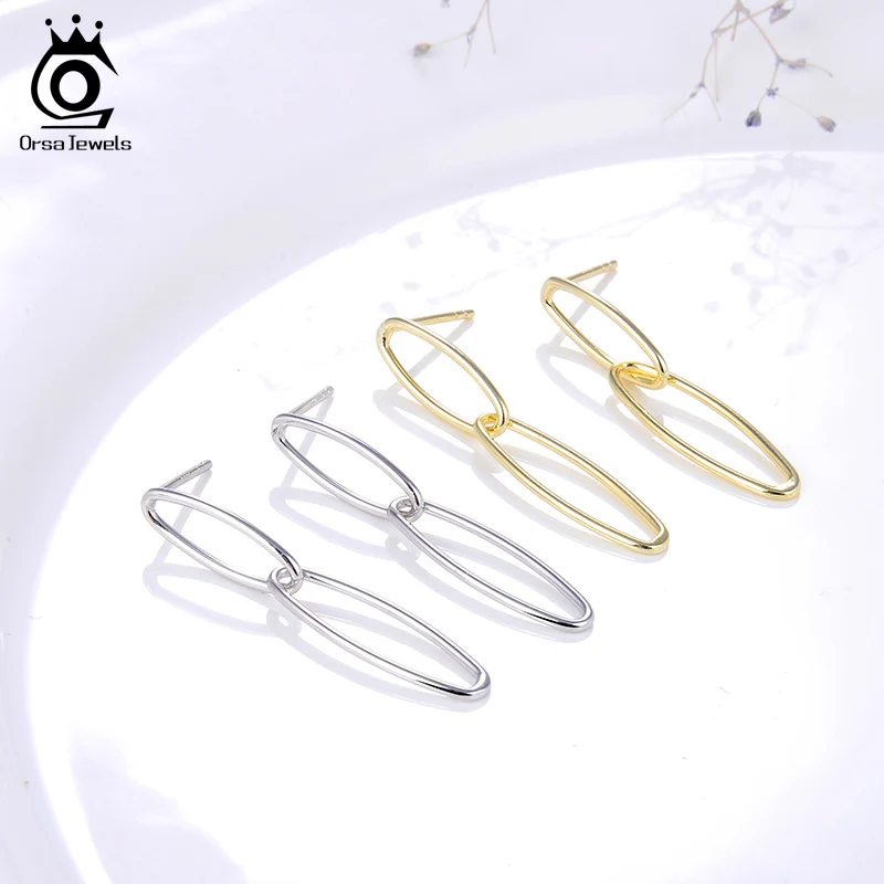 ORSA JEWELS Твердые 925 длинные висячие серьги Новейшие Стерлингового Серебра простые геометрические овальные висячие серьги женские ювелирные изделия SE184