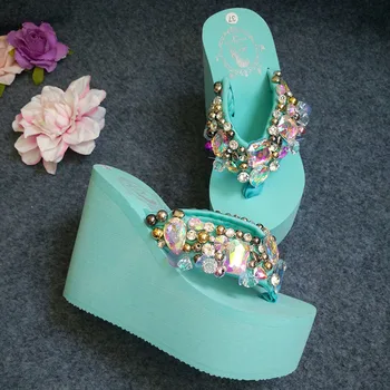 

Womens Rhinestones Crsytal Diamond Wedding Princess Slipper Platform Muffin Super High Wedge Heel Shoes Slides Flip flops 10CM