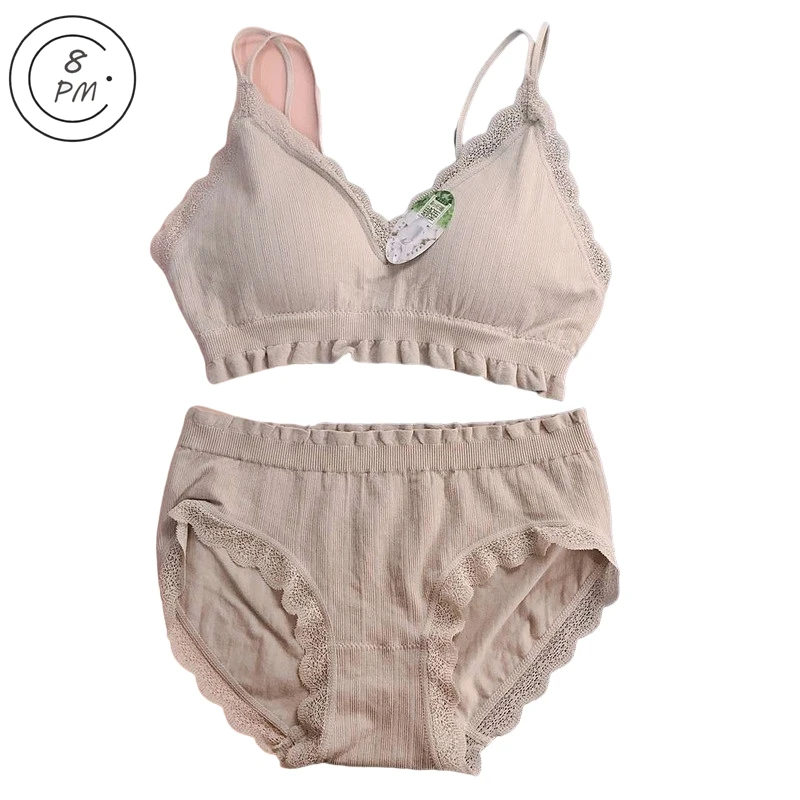 

Bra Suit Push Up Panties Set Women Soft Comfortable Cotton Underwear Seamless Padded Bra Lingerie Set Rib Knit