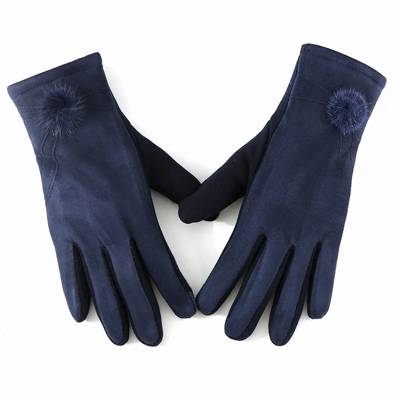 Winter new women's suede touch screen warm gloves fashion Korean version of hairy ball decoration windproof cycling gloves - Цвет: Белый