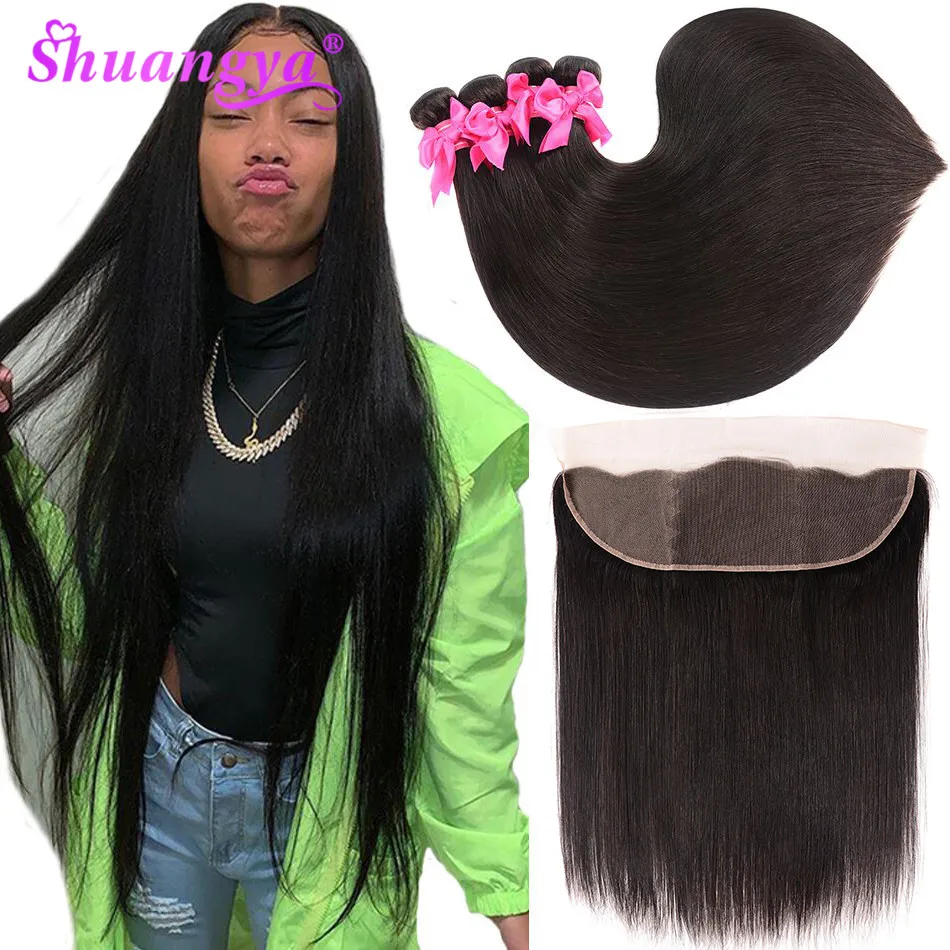 

Peruvian Straight Hair Bundles With Frontal Free/Middle/Three Part 100% Remy Human Hair 3/4 Bundles With Frontal Shuangya hair