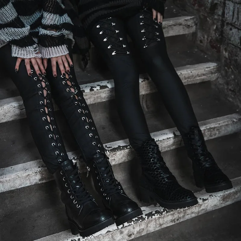 Готические черные облегающие штаны из искусственной кожи с высокой талией весенние готические панковские темные сетчатые женские модные брюки