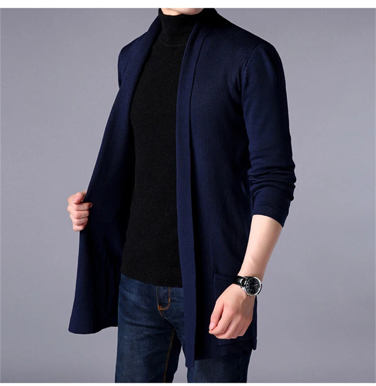 Весна молодежный Мужской свитер сплошной цвет джемпер Корейская рубашка с длинными рукавами мужской тонкий длинный кардиган свитер J744 - Цвет: Navy Blue