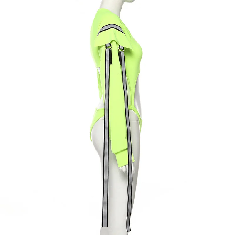 Women Neon Green Bodysuit High Street Skinny Reflective Long Sleeve Hollow Out Jumpsuit Fashion Female Sexy Stretch Bodysuit