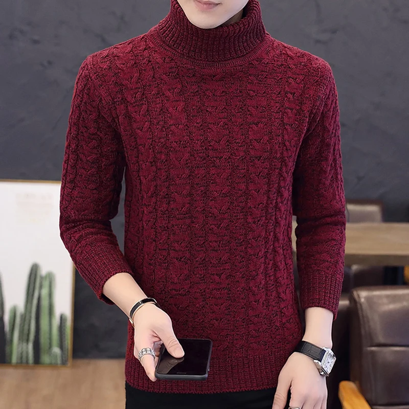 Осень однотонный цветной джемпер мужской водолазка зимний свитер высокая эластичность Тонкий пуловер мужской трикотаж Мужская одежда 7873 - Цвет: 941 Red