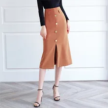 Осень зима Женская Повседневная теплая Толстая прямая юбка тонкая модная однотонная коричневая Высокая талия Сплит Женская шерстяная длинная юбка