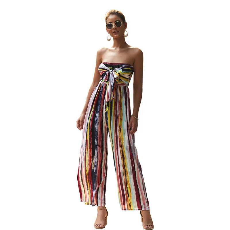 

2019 New Printed Striped Tube Top Bow Jumpsuit