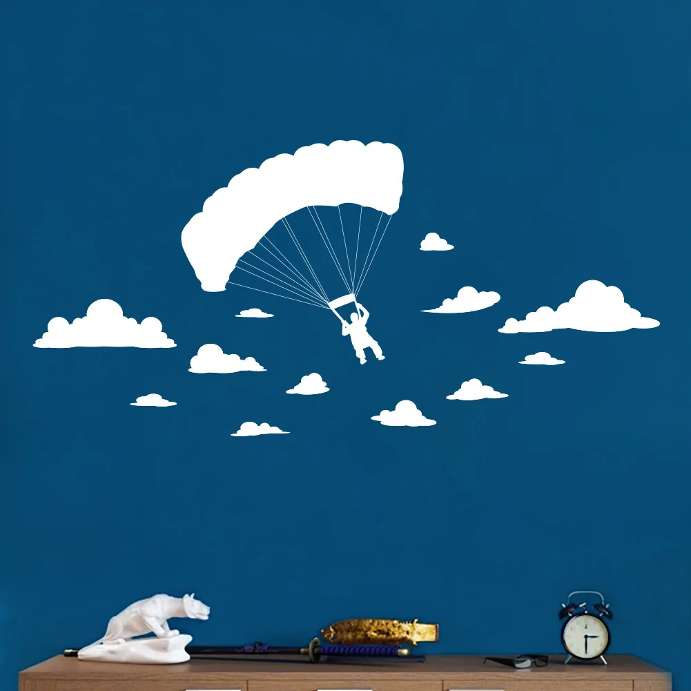Creative Parachute and Clouds Wall Stickers Funny Extreme Sports Decals for Kids Room Bedroom Living Home Decor YW246 | Дом и сад