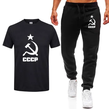 

Summer T Shirts Men CCCP Russian USSR Soviet Union Man Short sleeve Moscow Russia Mens Casual Tees Cotton T Shirts+pants suit P