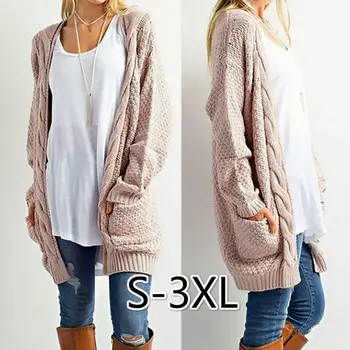 

Women Long Sleeve Solid Color Pockets Twist Knit Cardigan Sweater Outwear Coat women coat