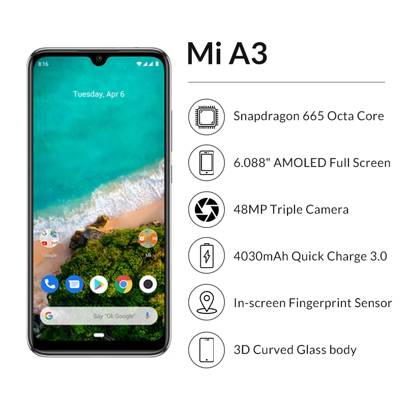 Глобальная версия Xiaomi Mi A3 4 Гб 128 Гб Смартфон 6,08" AMOLED Snapdragon 665 Восьмиядерный экран отпечаток пальца 4030 мАч мобильный телефон