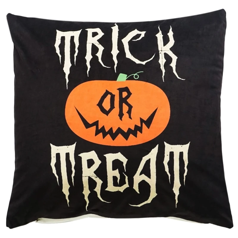 

Halloween Decorative Linen Throw Pillow Case Pumpkin Witch Trick or Treat Letters Printed Cushion Cover for Sofa Couch Bedroom H