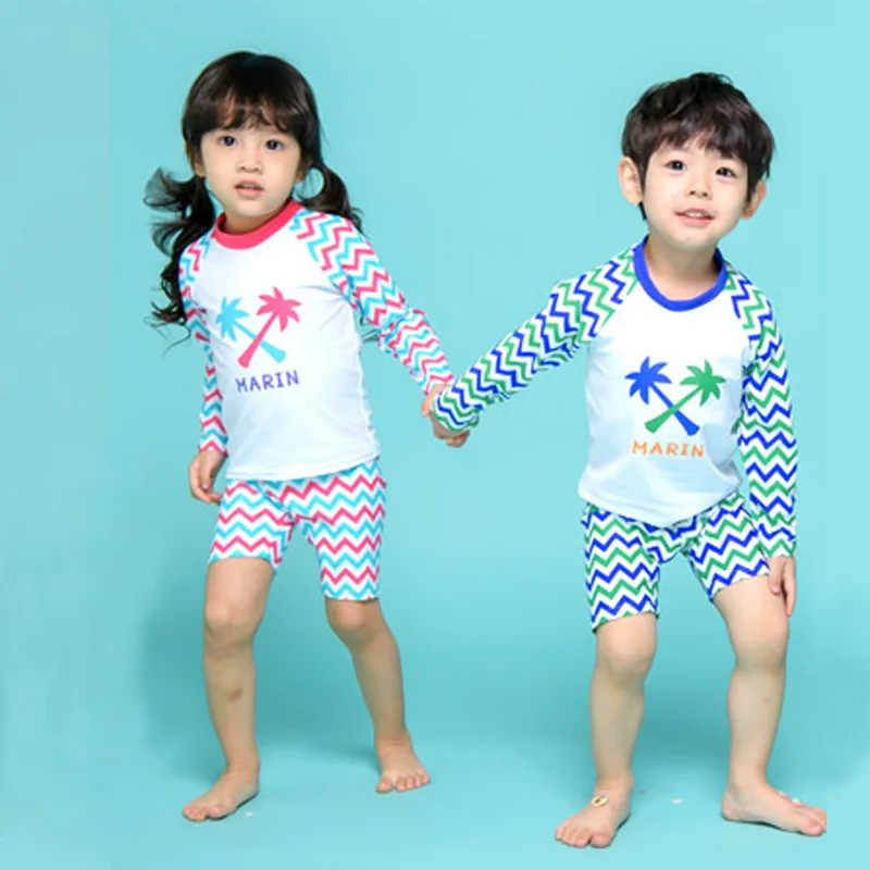 

KID'S Swimwear Coconut Trees Printed BOY'S Girls Swimwear Split Type Boxer Two Piece Set Long Sleeve Siblings Swimwear