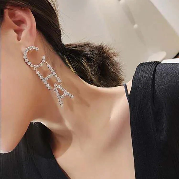 2023 New ZA Clear Crystal Rhinestone Letter Cha Hanging Earrings Women Jewelry Fashion Statement